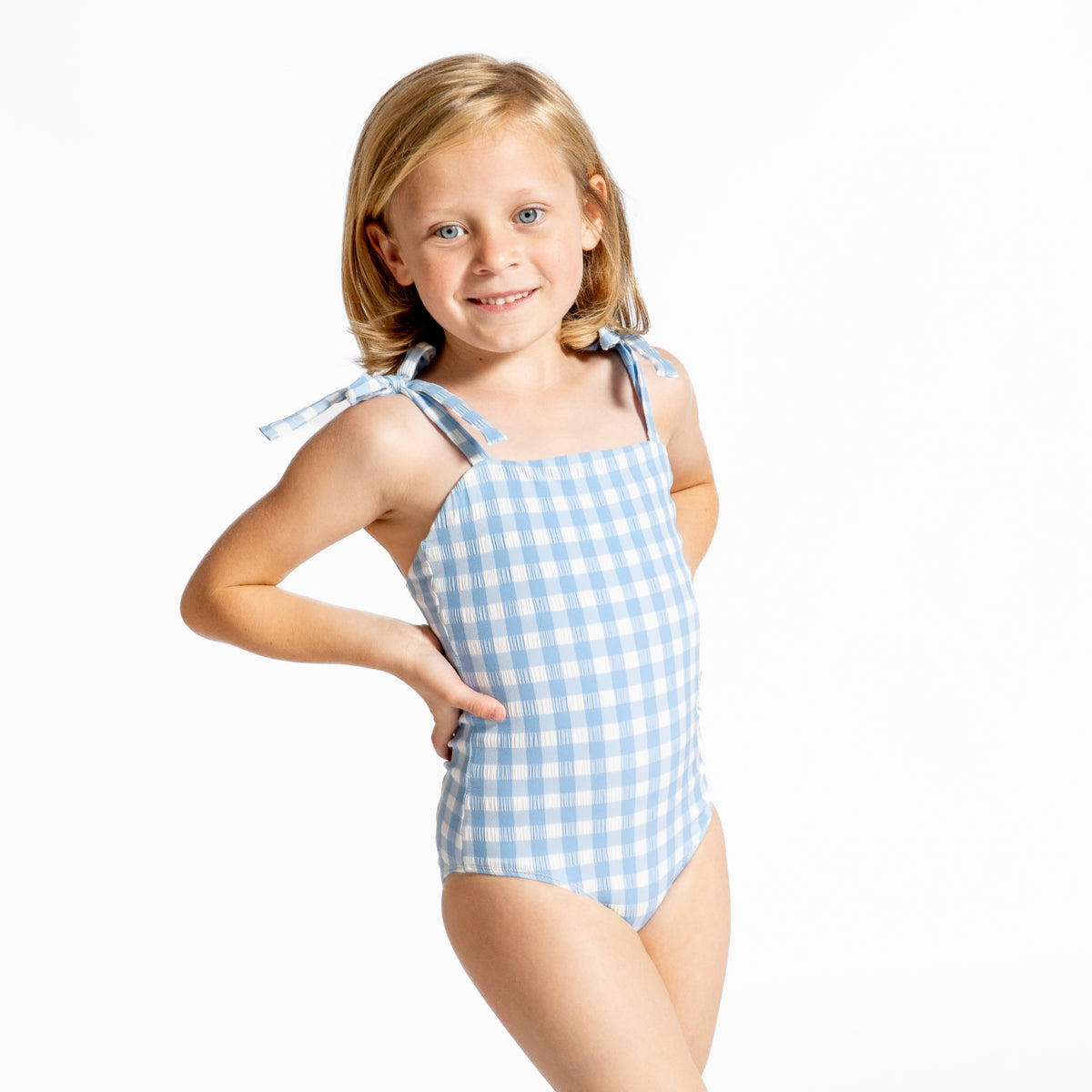 Girls Surfside Blue Crinkle Gingham One Piece