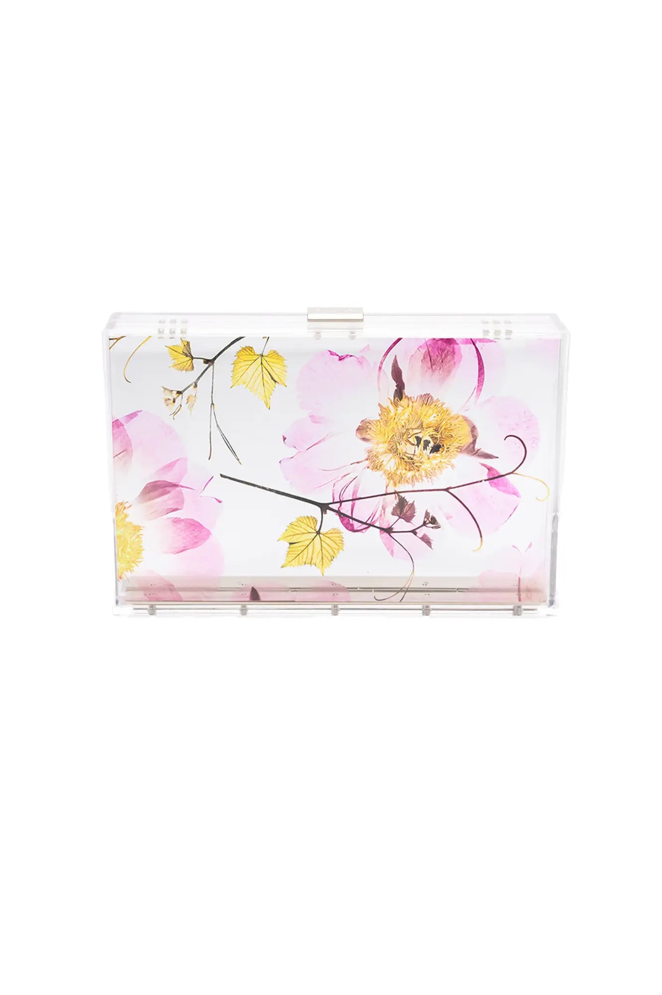 Mia Acrylic Clutch - Pressed Translucent Floral makeup case from The Bella Rosa Collection on a white background.