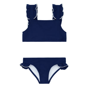 Girls Navy With White Trim Ruffle Strap Bikini