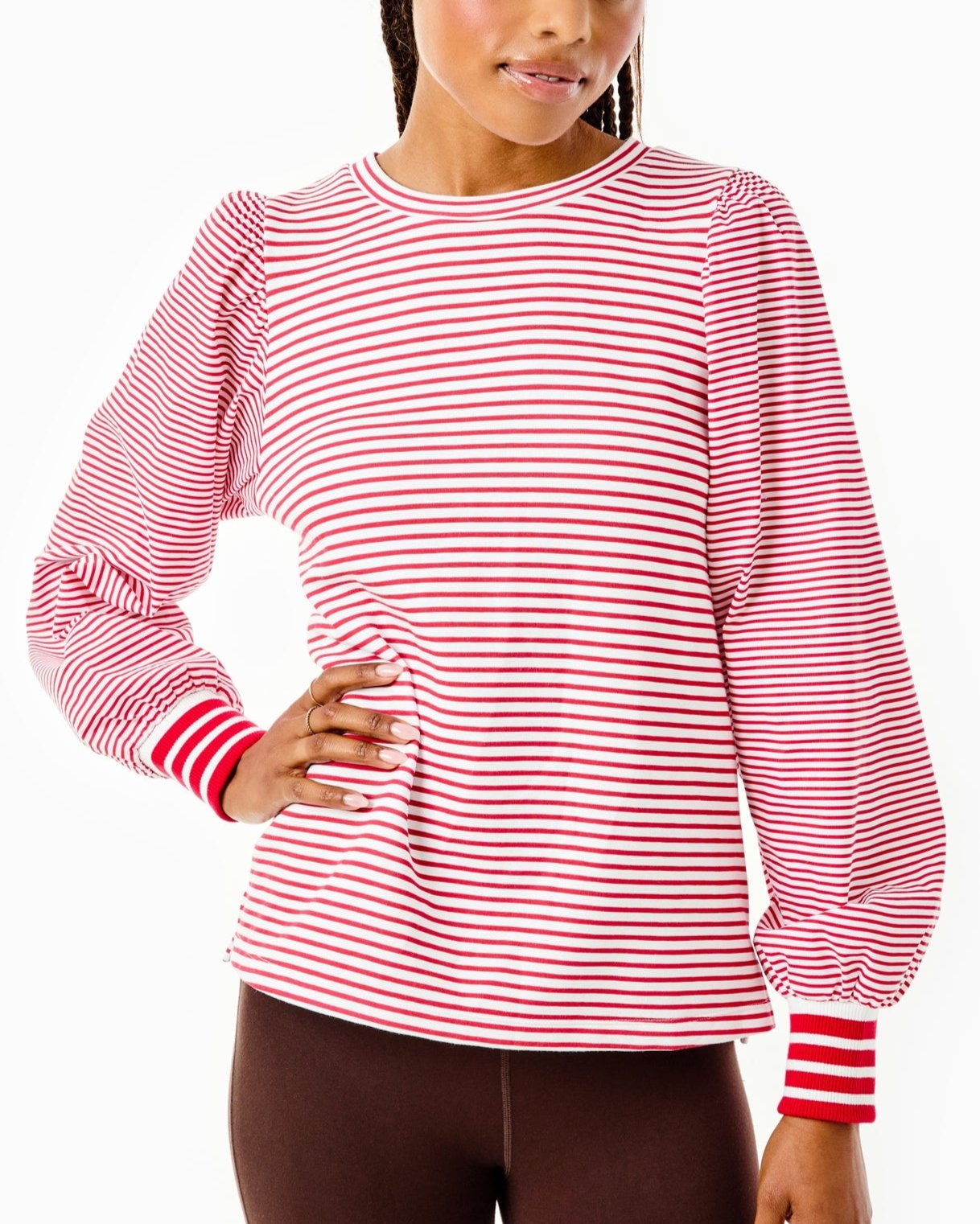 Model is wearing the Penny Pullover in Super White/ Cherry Stripes with the University Flare Pants in Chocolate