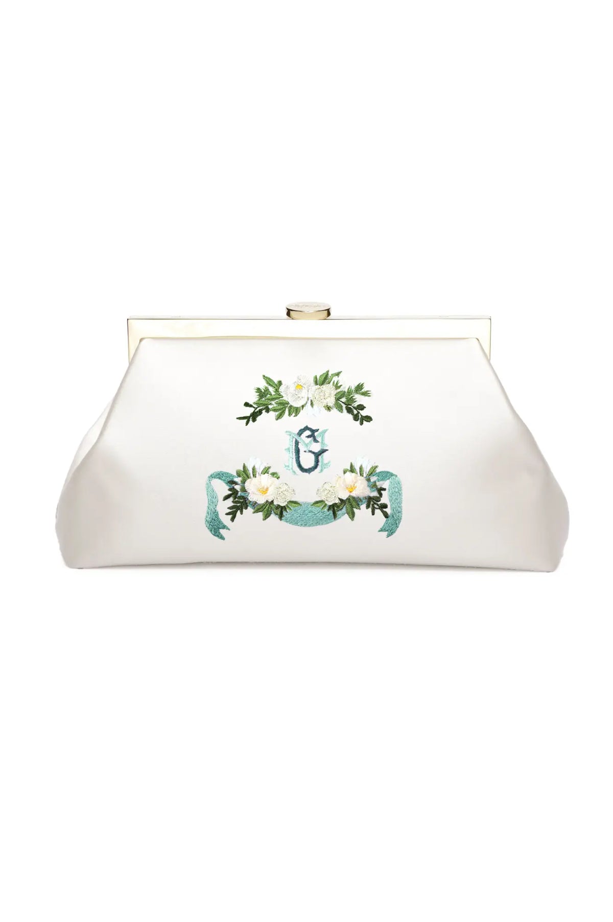 Personalized wedding accessory: White The Bella Rosa Collection clutch with floral embroidery and metal clasp.