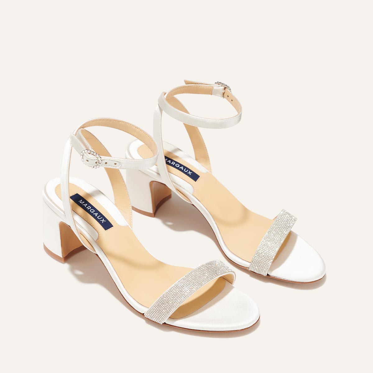 The Stella Sandal in Ivory Satin with Crystals