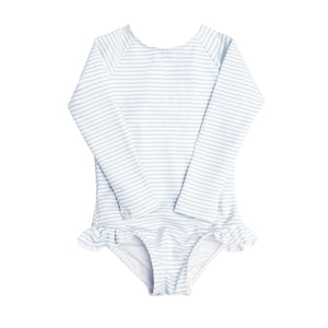 Girls Rashguard One-Piece in Powder Blue Stripe