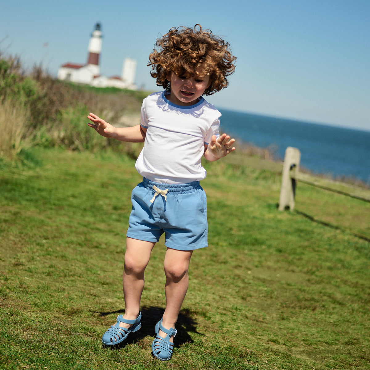 Unisex White Cotton Ringer Tee With Surfside Blue Trim