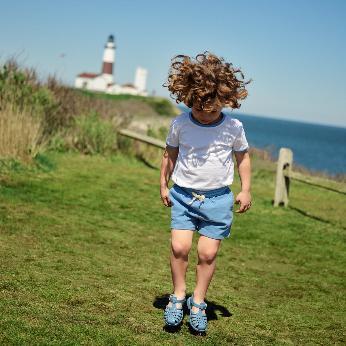 Unisex White Cotton Ringer Tee With Surfside Blue Trim