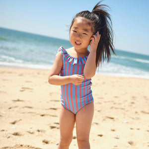 Girls Maritime Stripe Ruffle Collar One Piece