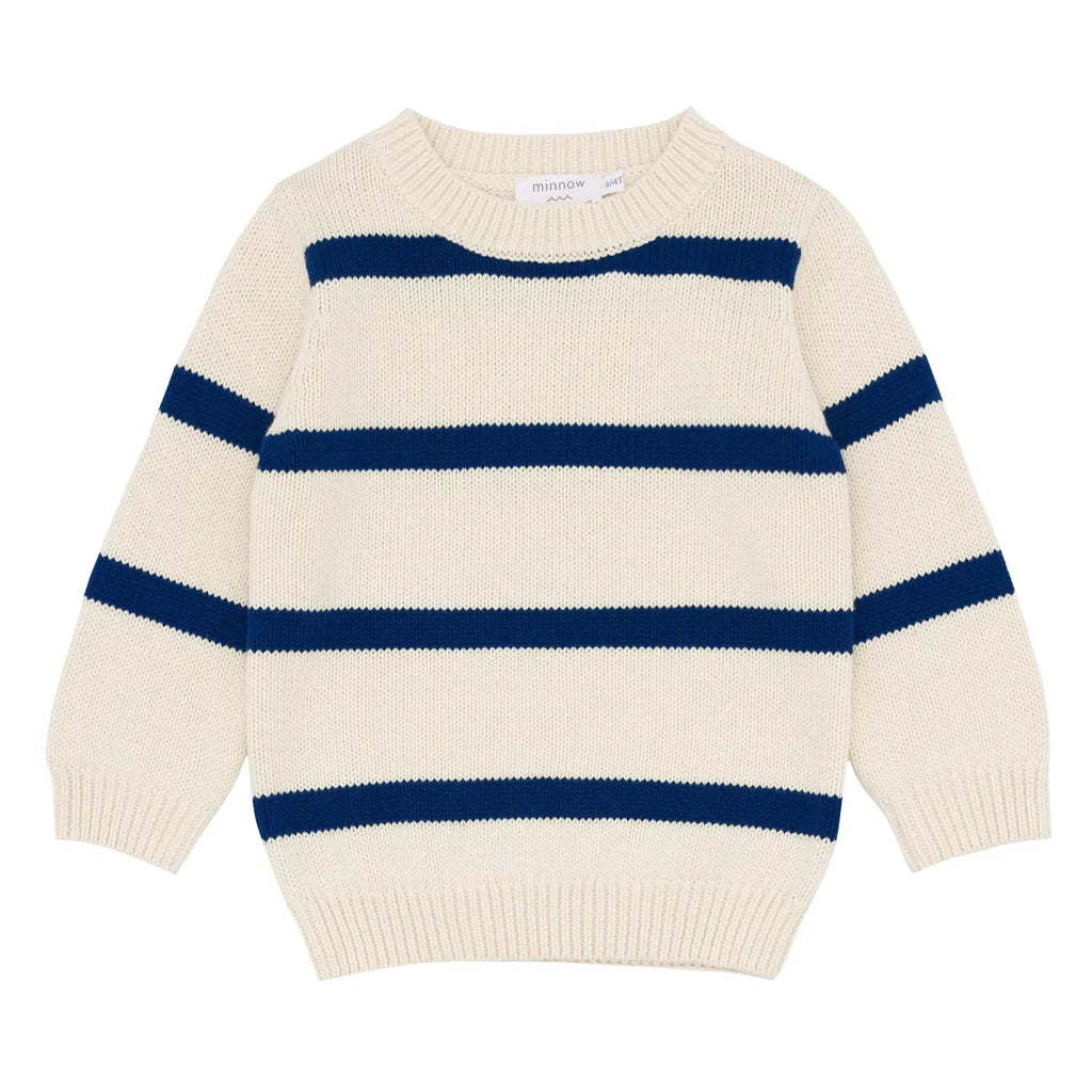 Unisex Cream And Navy Wide Stripe Knit Sweater