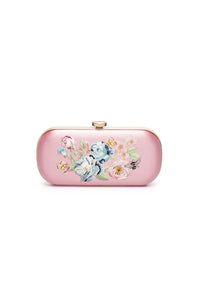 A Bella Rosa Collection Bella Clutch Pink Floral Embroidery Petite purse, made from Italian Duchess Satin.