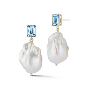 14K Blue Topaz and Baroque Pearl Drop Earrings