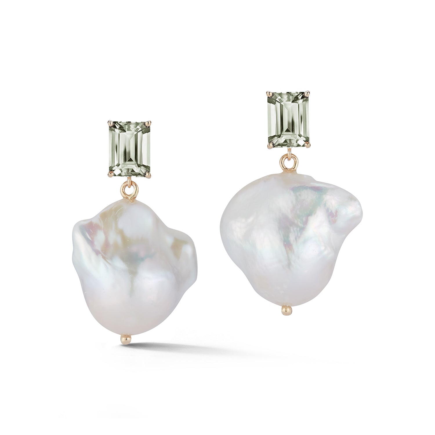 14K Green Amethyst and Baroque Pearl Drop Earrings