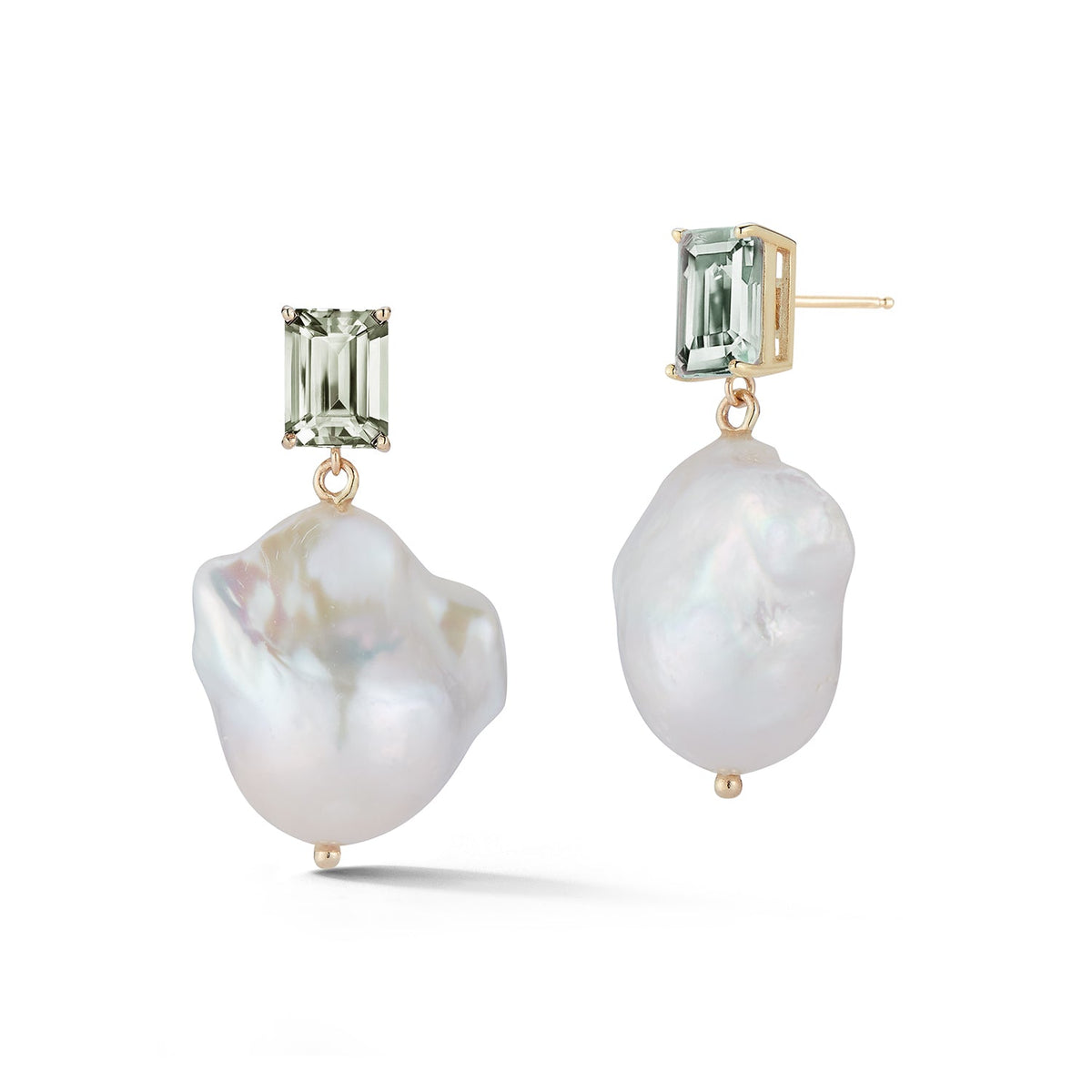 14K Green Amethyst and Baroque Pearl Drop Earrings