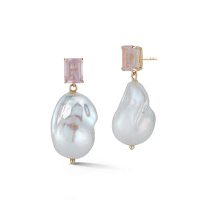 14K Rose Quartz and Baroque Pearl Drop Earrings