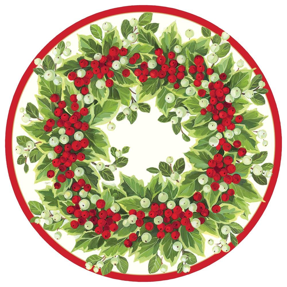 Holly and Berry Wreath Round Paper Placemats, Set of 12