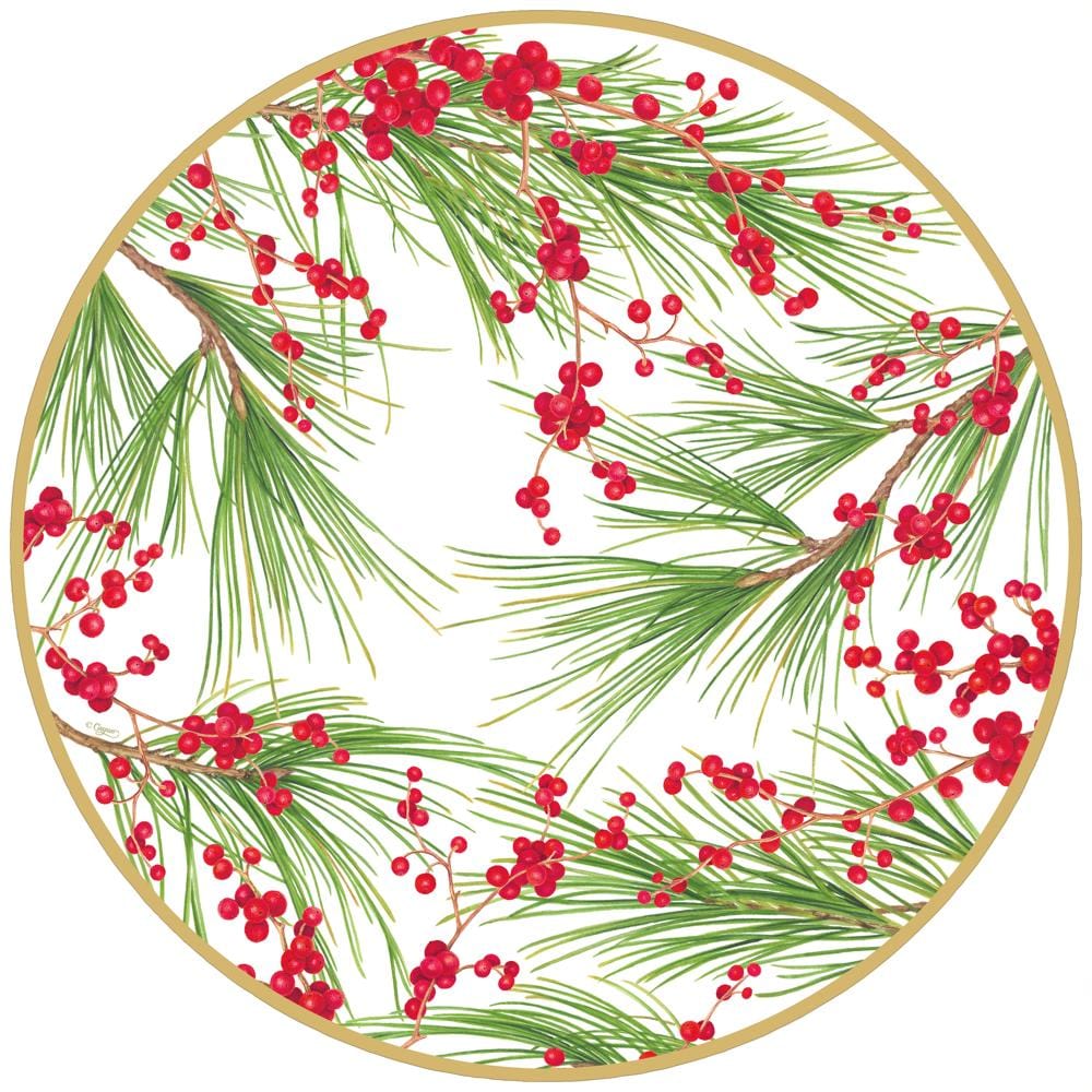 Berries and Pine Round Paper Placemats, Set of 12