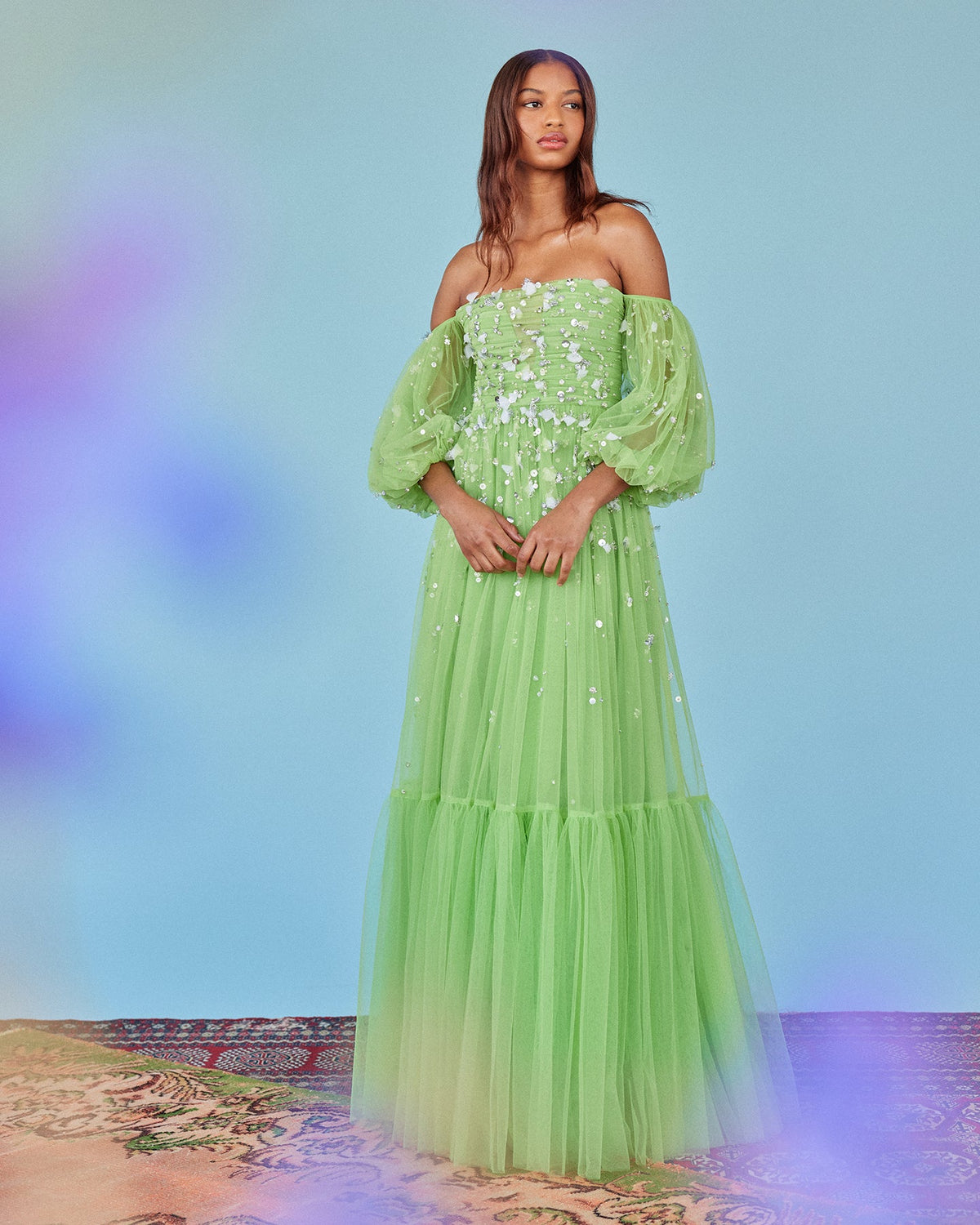 Priyanka Gown in Parakeet Tulle with Sporadic Sequins