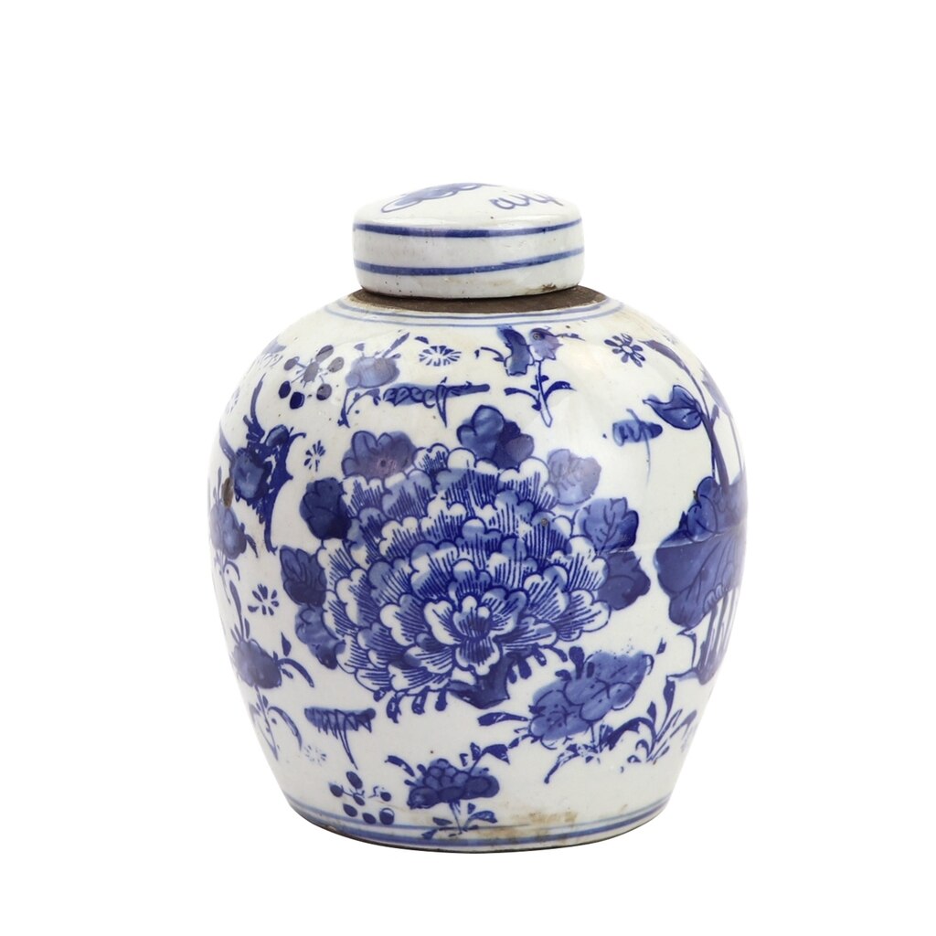 Blue and White Tiny Lid Mini Jar Peony Lotus Motif