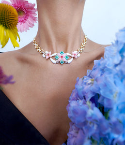 Asheville Necklace in White Enamel, Pink Opal, and Diamonds