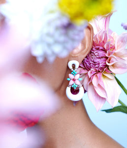 Asheville Earrings in White Enamel, Pink Opal, and Diamonds