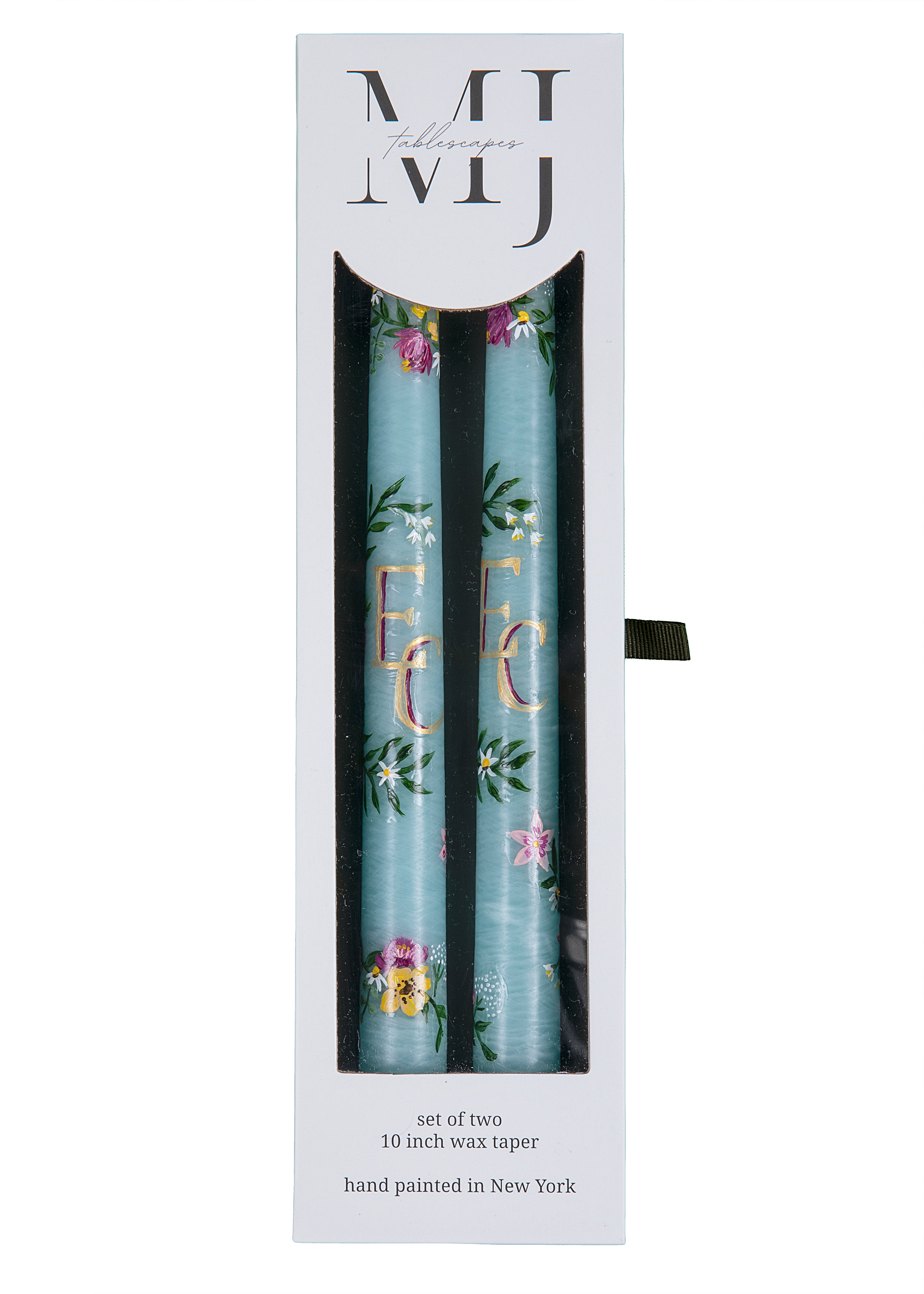 OTM Exclusive: Teal Floral Monogram Hand-Painted Taper Candles, Set of Two