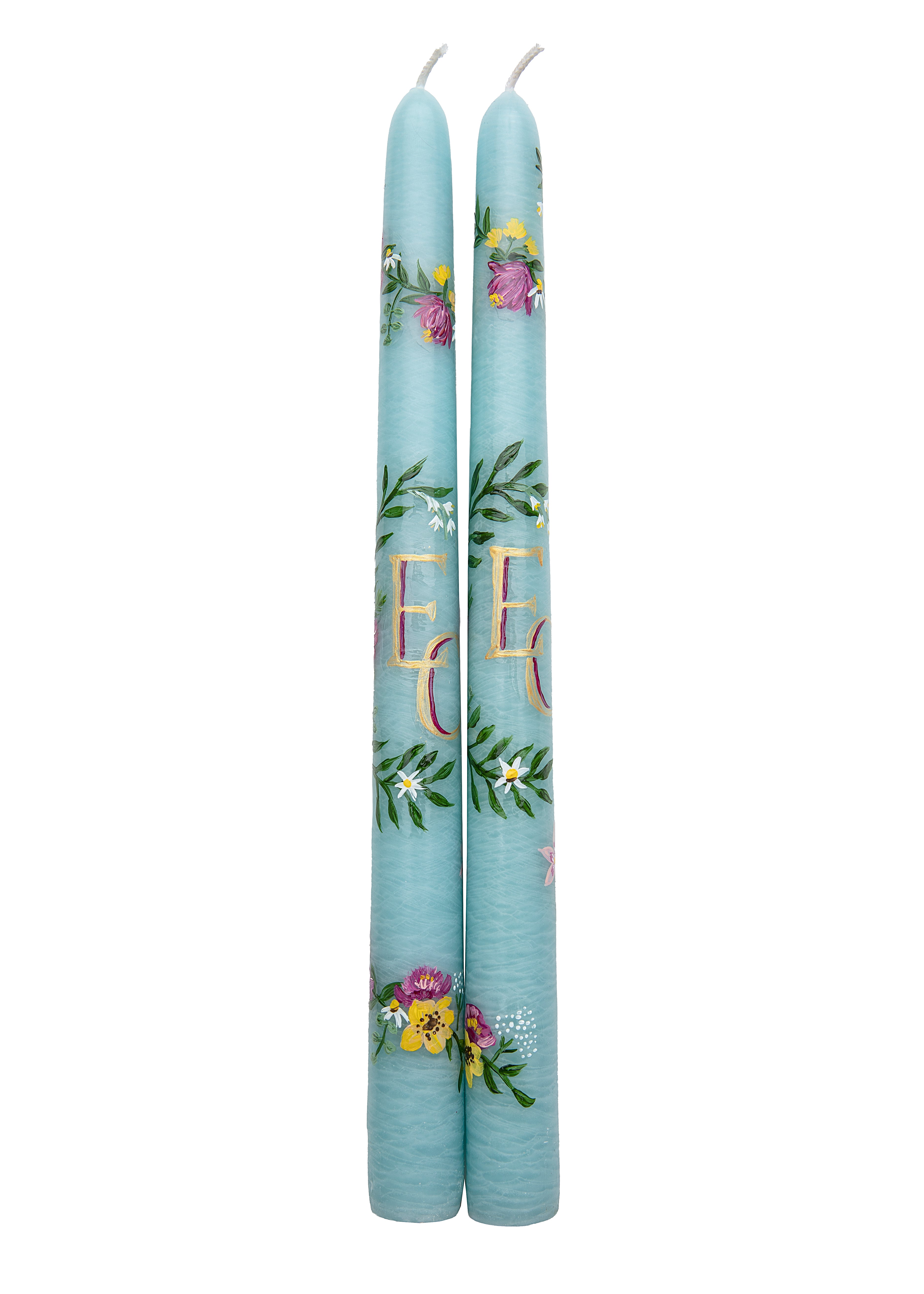 OTM Exclusive: Teal Floral Monogram Hand-Painted Taper Candles, Set of Two