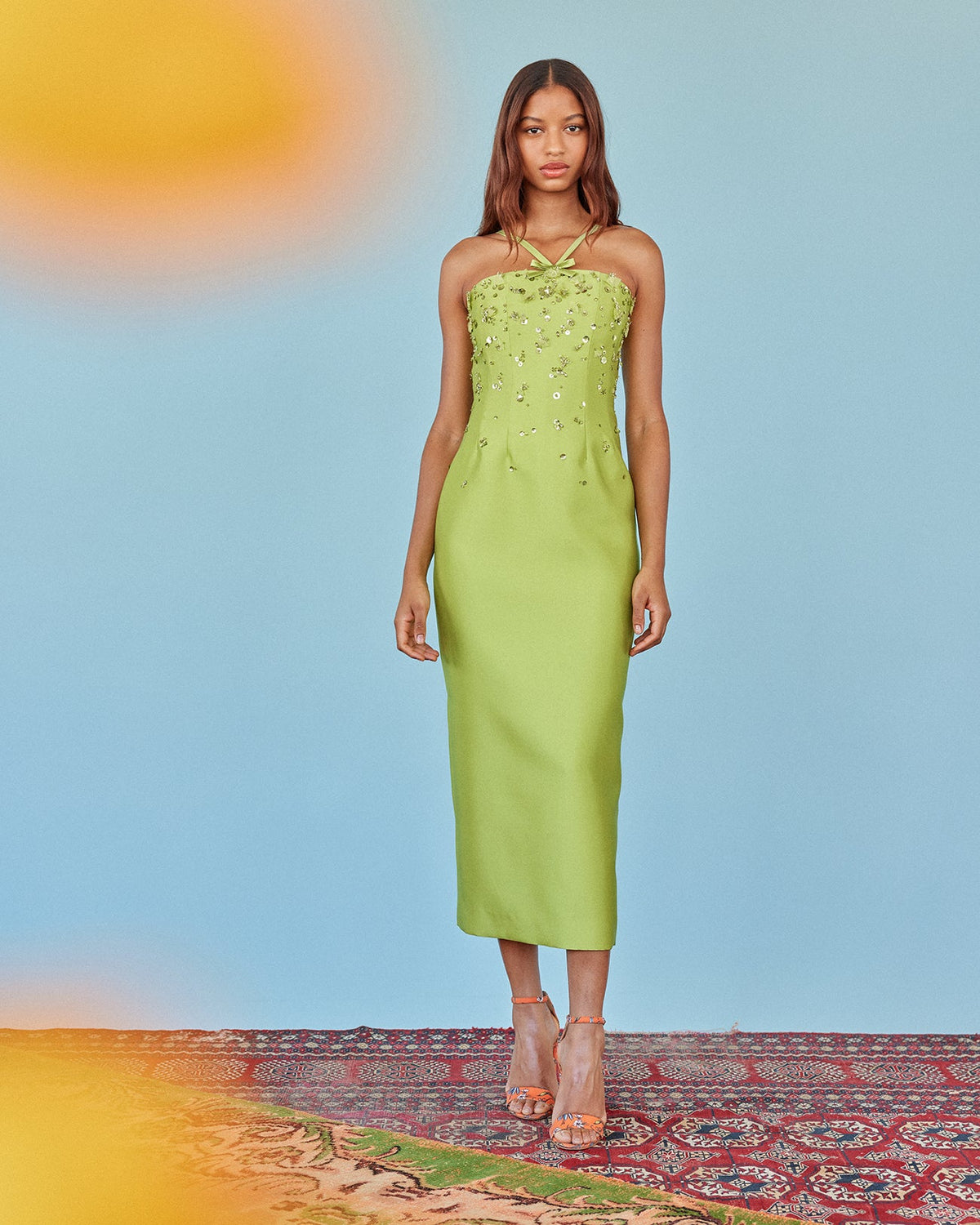 Sofia Dress in Lime Silk Wool with Sporadic Sequins