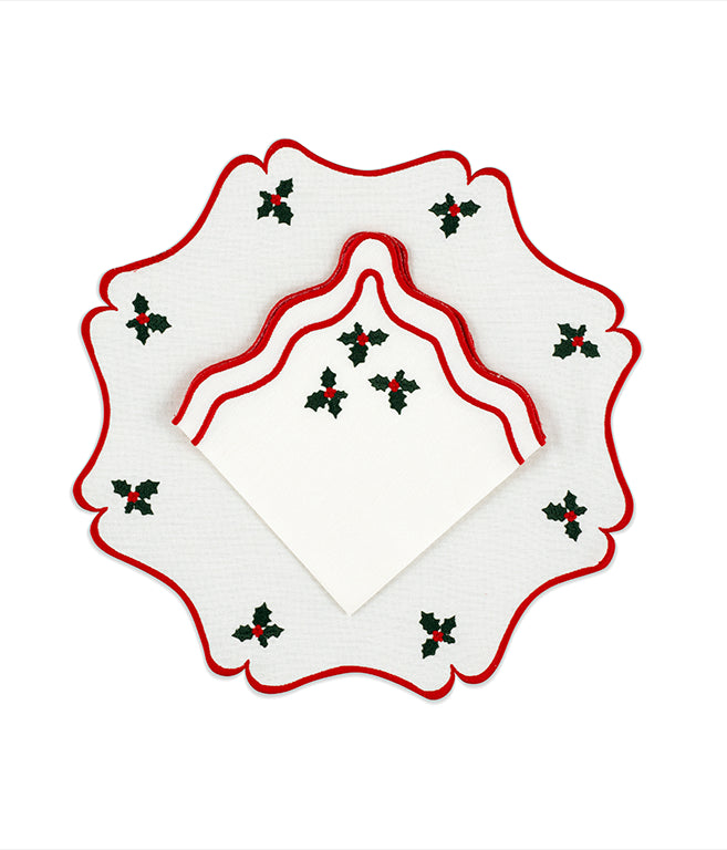 Vintage Holly Placemat in Cotton Cream with Christmas Red and Green Embroidery