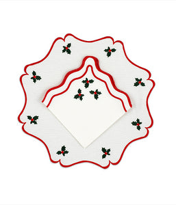 Vintage Holly Napkin in Cotton Cream with Christmas Red and Green Embroidery