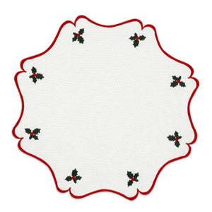 Vintage Holly Placemat in Cotton Cream with Christmas Red and Green Embroidery