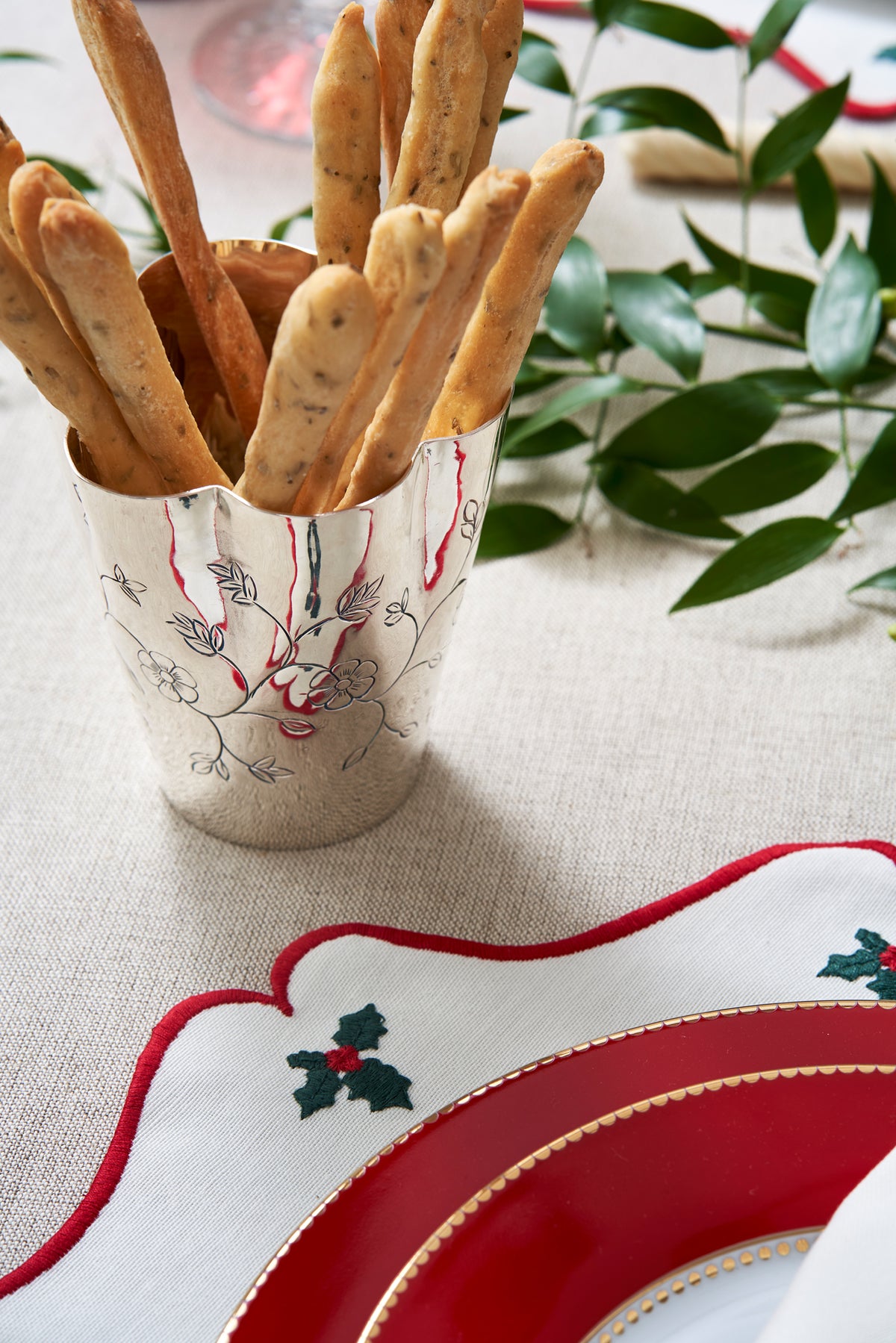 Vintage Holly Napkin in Cotton Cream with Christmas Red and Green Embroidery