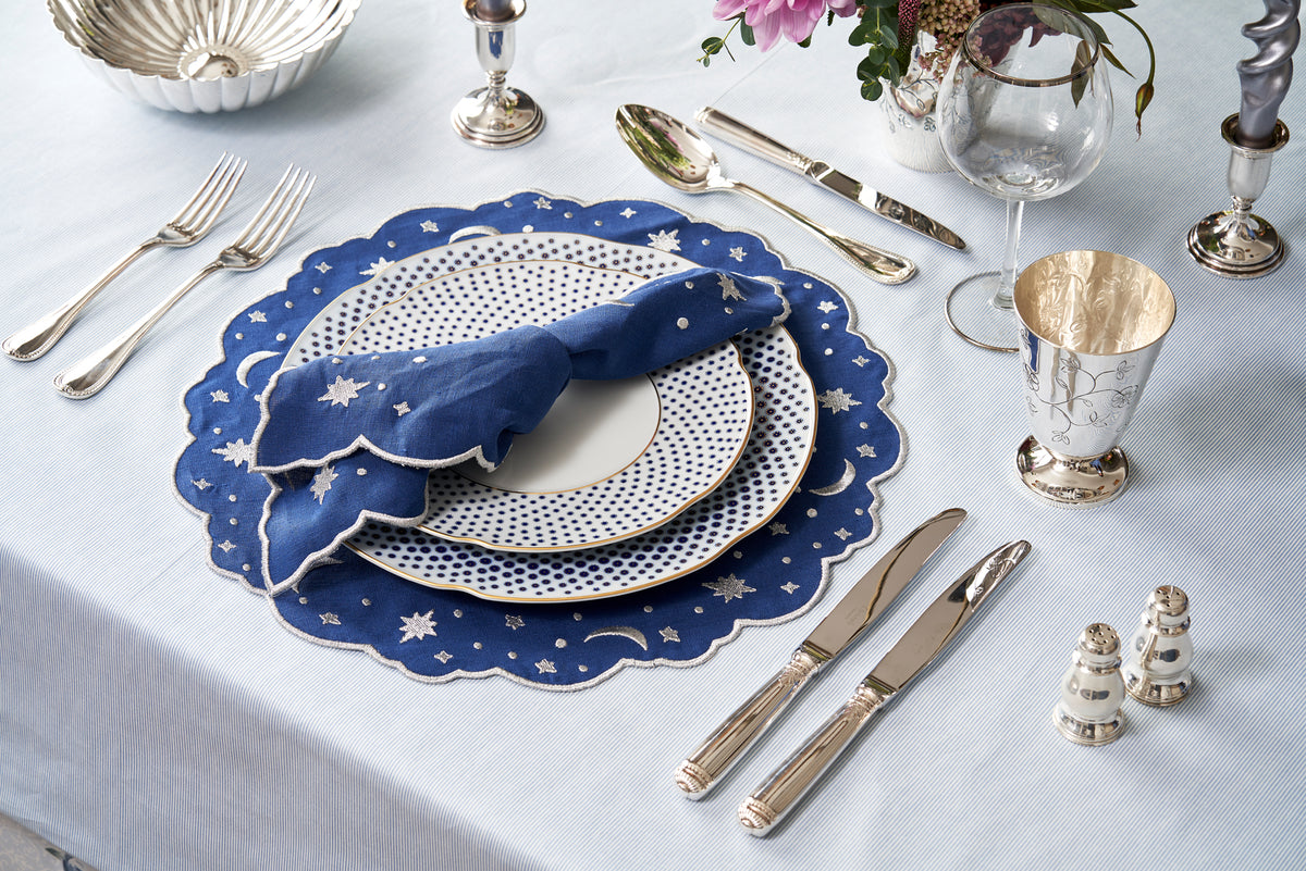 OTM Exclusive: Astral Linen Placemat in Midnight Blue and Silver Embroidery