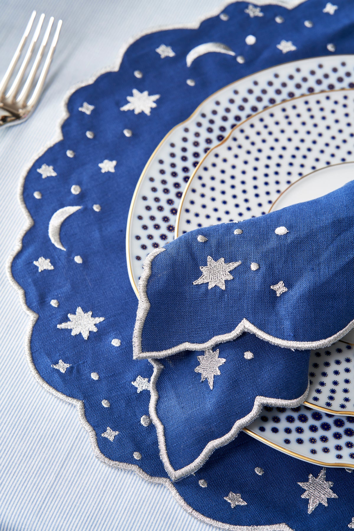 OTM Exclusive: The Astral Linen Napkin in Midnight Blue and Silver Embroidery