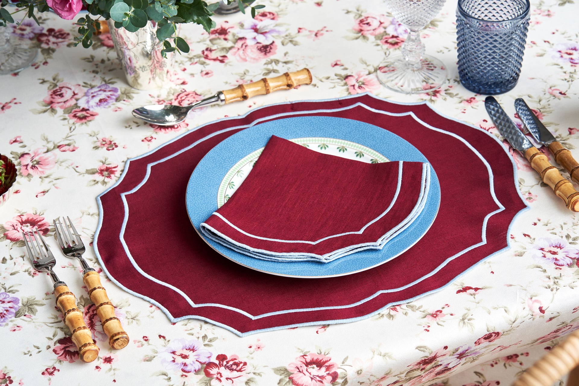 Emma Linen Napkin in Burgundy with Light Blue Embroidery