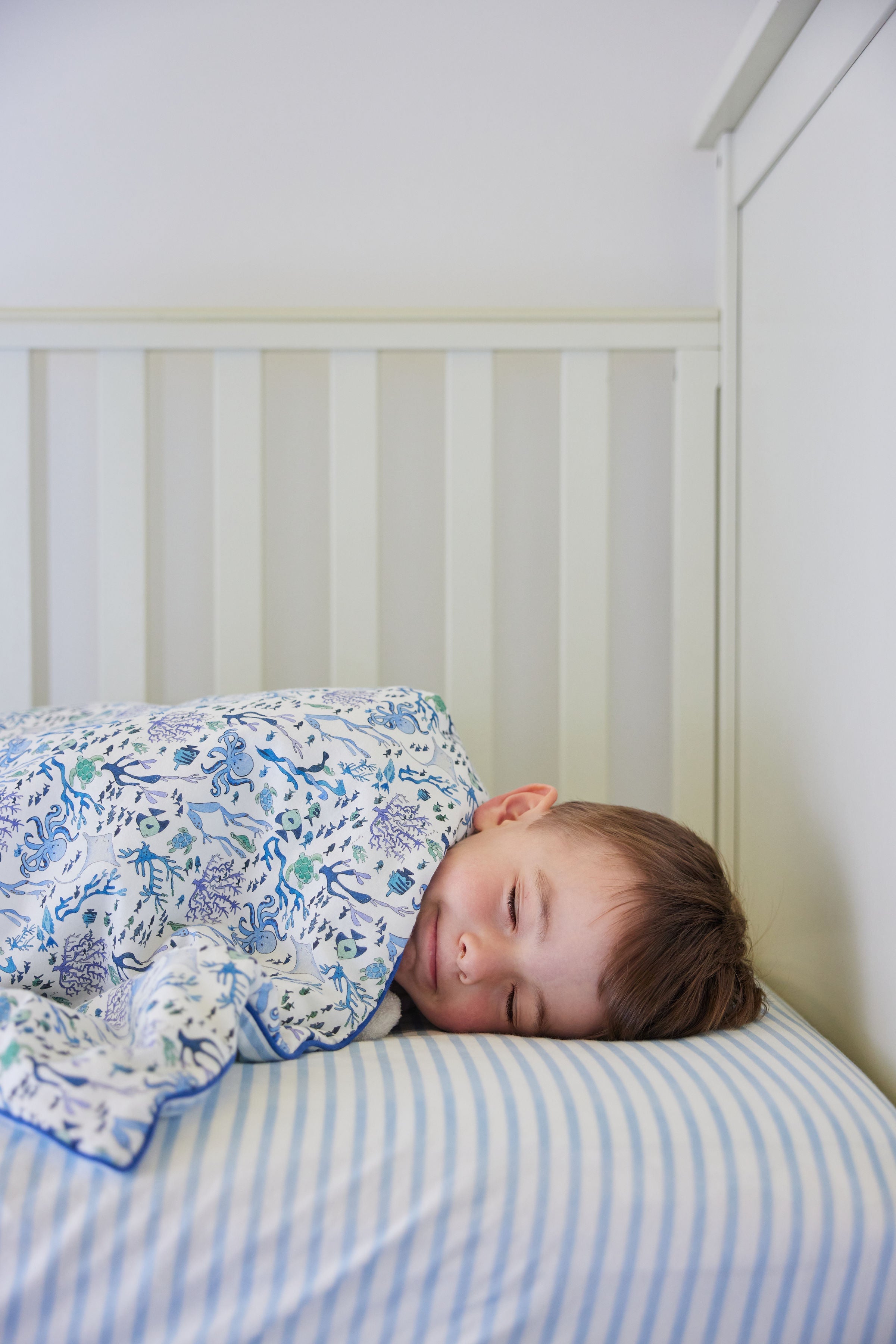 Blue and White Striped Crib Sheet