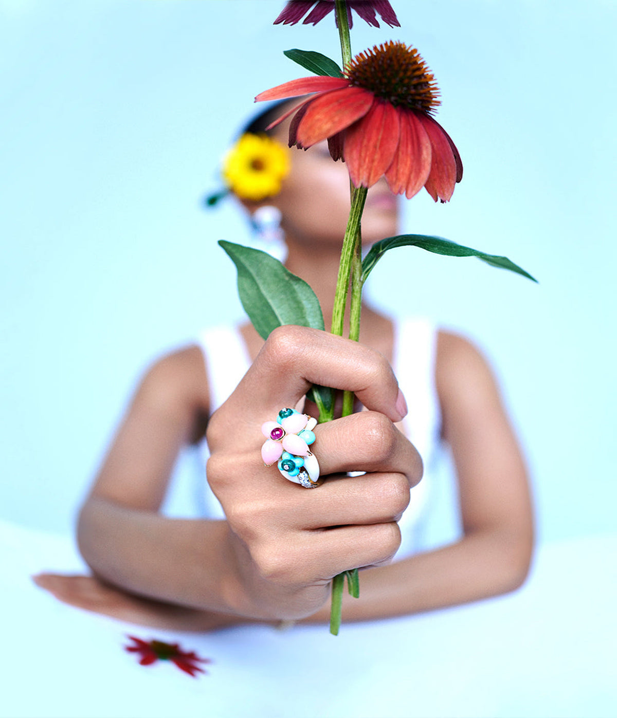 Asheville Ring in White Enamel, Pink Opal, and Diamonds