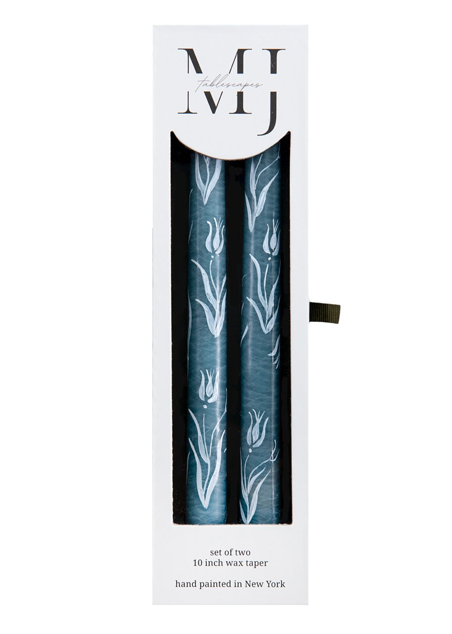 Dusty Blue Tulip Hand-Painted Taper Candles, Set of Two