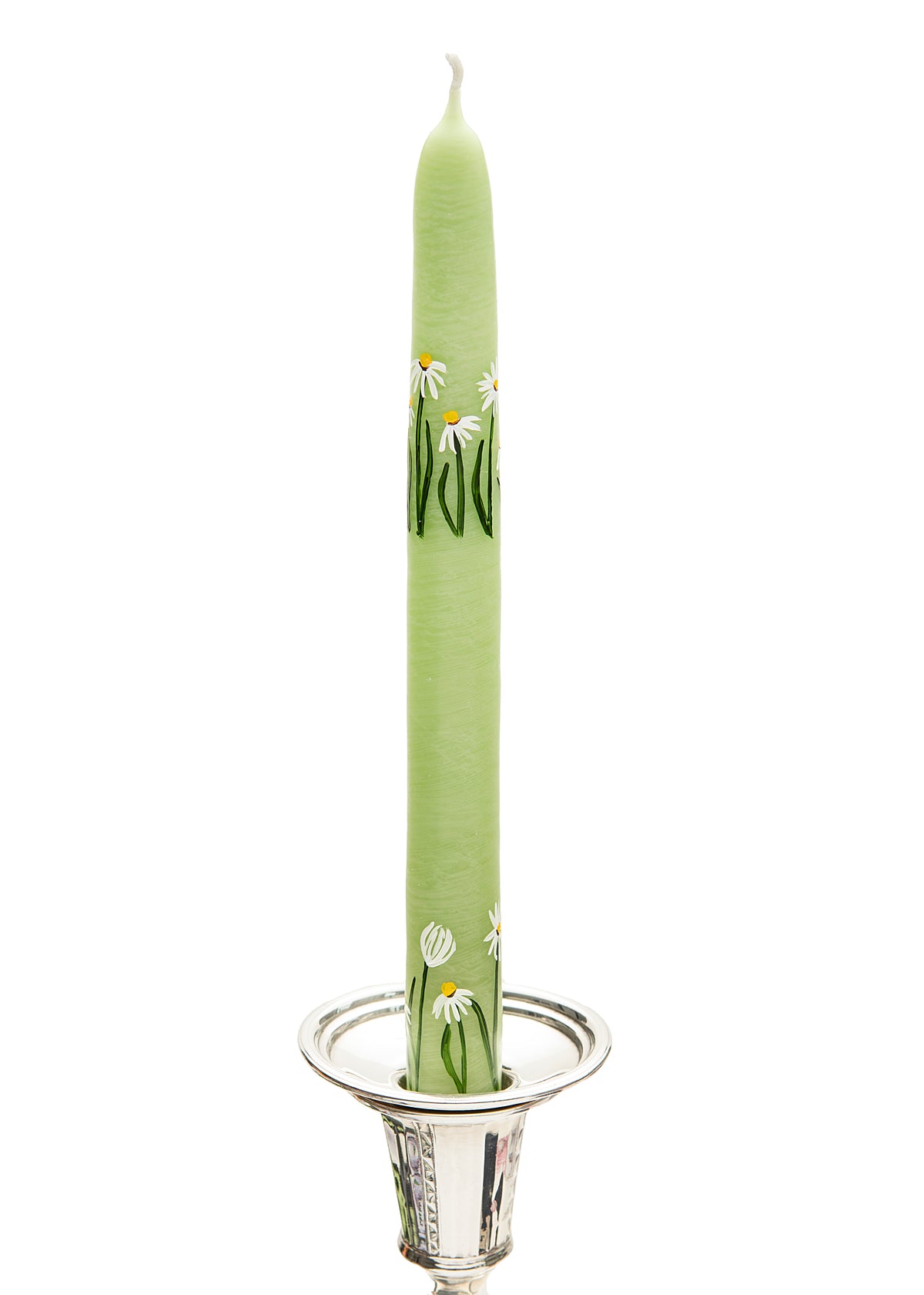 Lime Green Daisy Hand-Painted Taper Candles, Set of Two