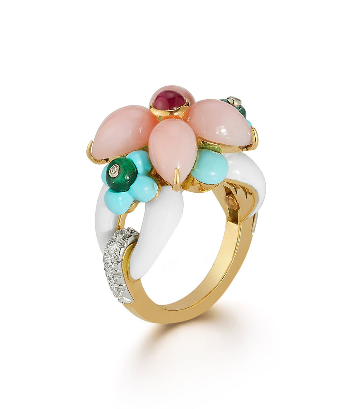 Asheville Ring in White Enamel, Pink Opal, and Diamonds