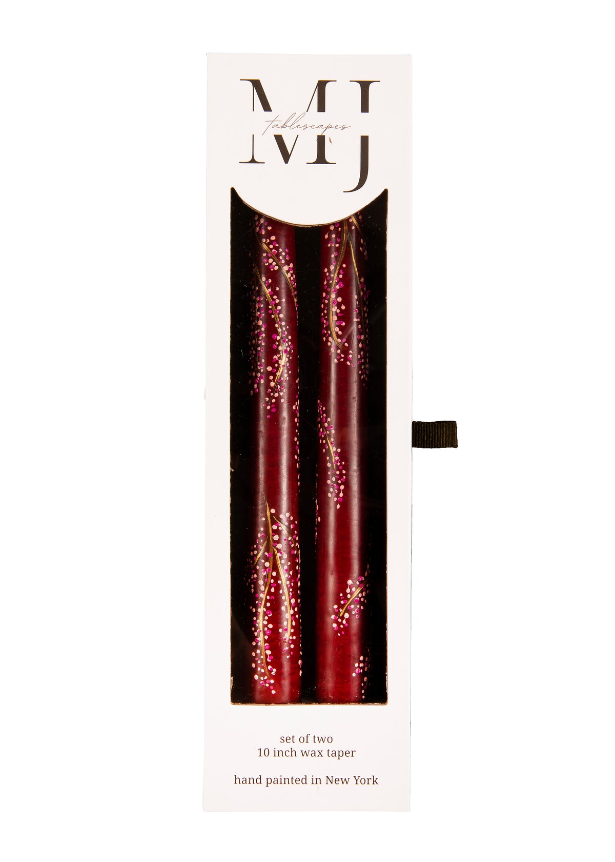 Burgundy Cherry Blossom Hand-Painted Taper Candles, Set of Two