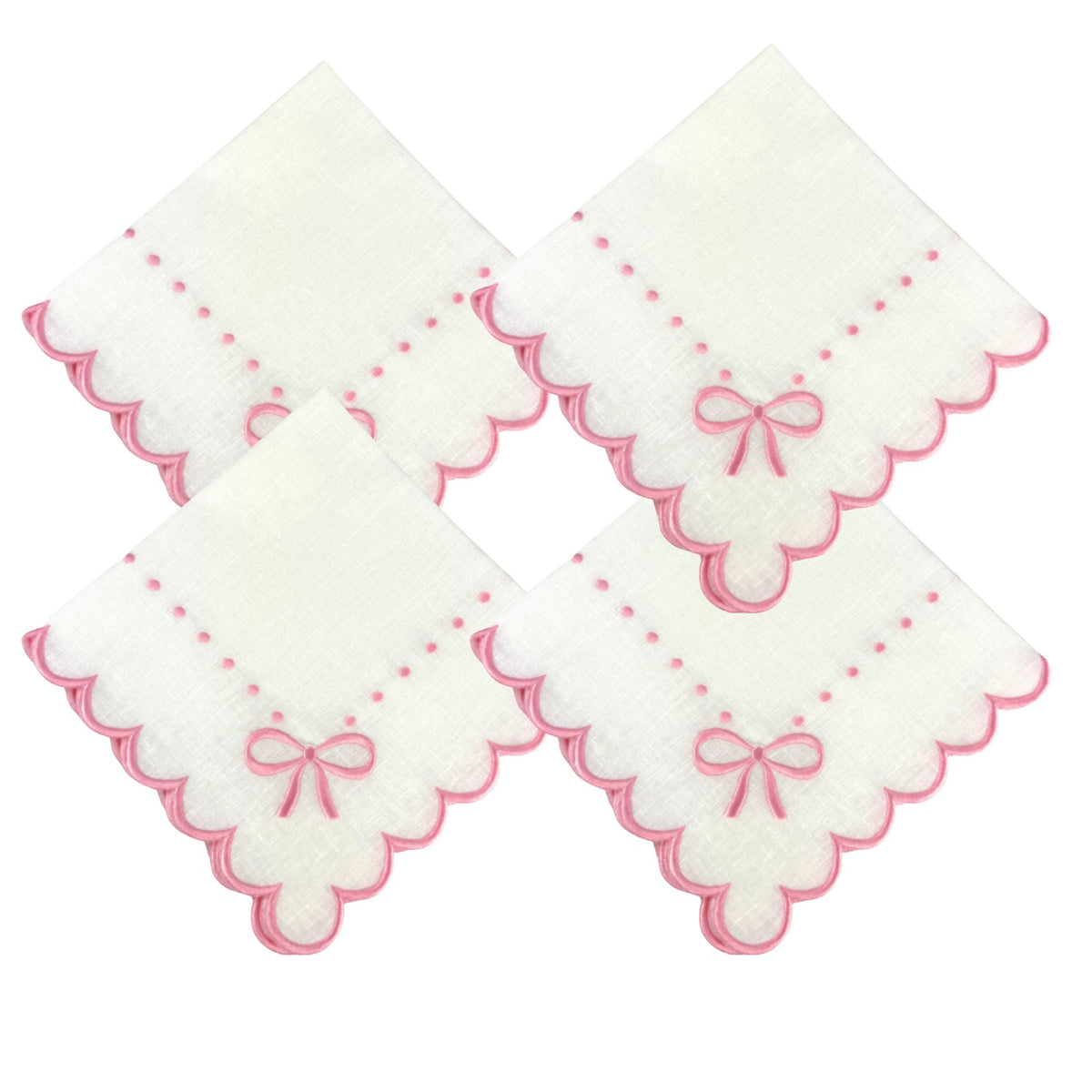 luxury white Swiss linen napkin with pink embroidered bow.