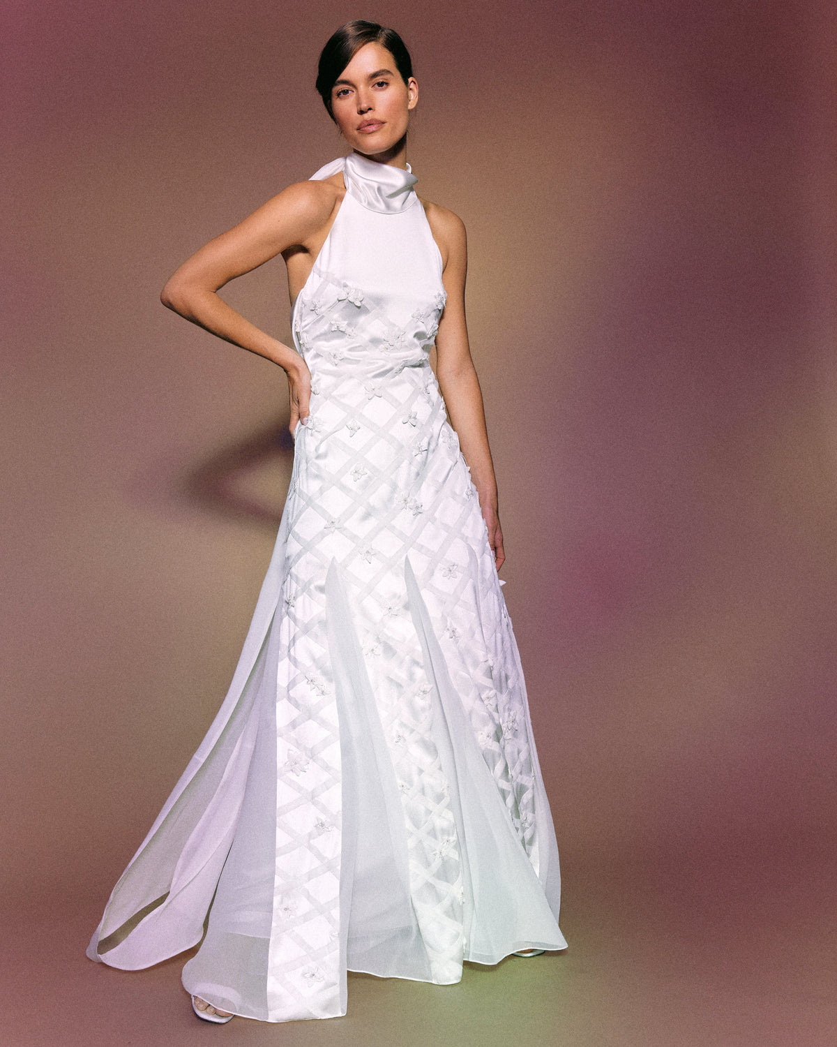 Ivy Dress in Ivory Satin with Lattice Embellishment