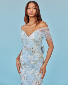 Sylvie Dress in Light Blue Floral Brocade