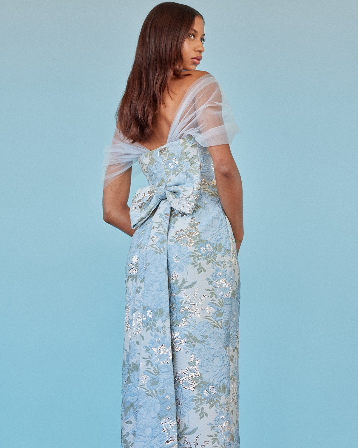 Sylvie Dress in Light Blue Floral Brocade