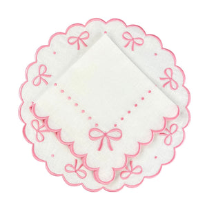 luxury placemat Swiss Linen white placemat with pink embroidery and bow motif and matching napkin