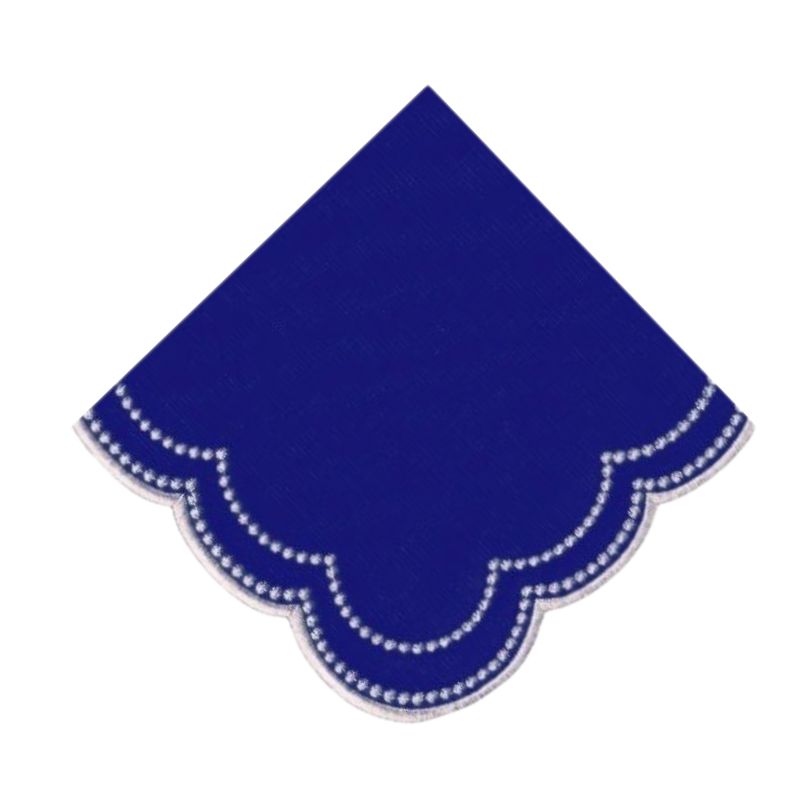 Luxury embroidered royal blue napkin with two rows of white dotted rows . scalloped square shape. 