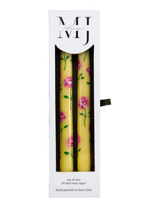 Yellow and Pink Peony Hand-Painted Taper Candles, Set of Two