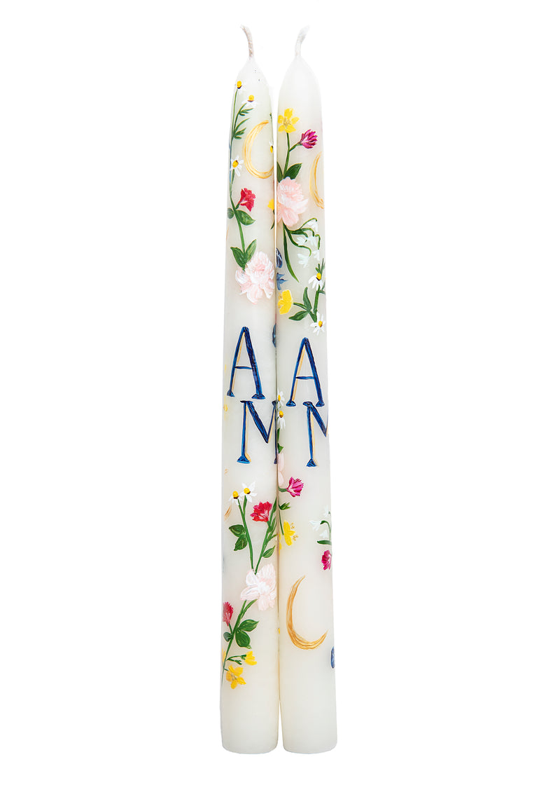 OTM Exclusive: Ivory Floral Monogram Hand-Painted Taper Candles, Set of Two