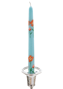 Teal California Poppy Hand-Painted Taper Candles, Set of Two