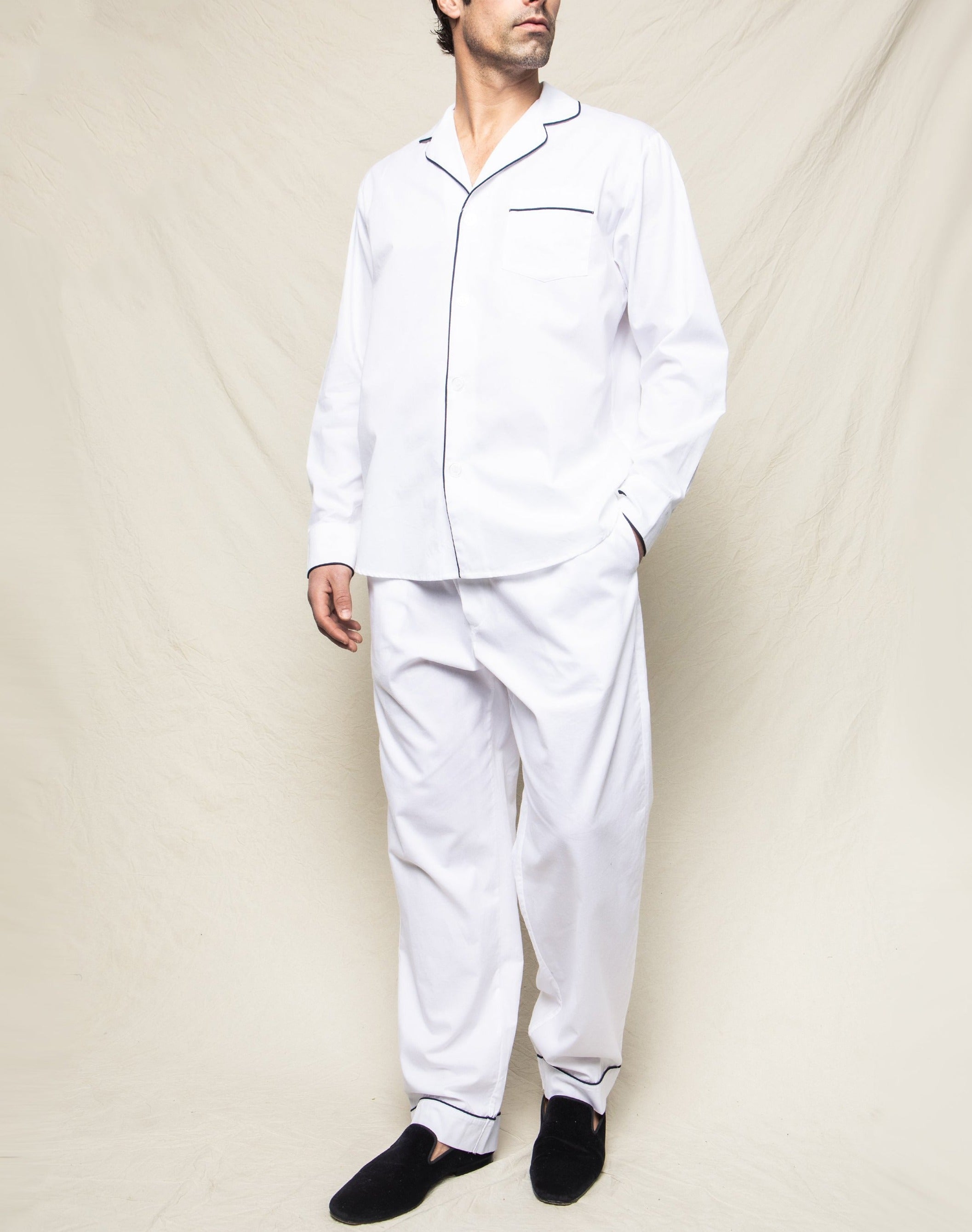 Men’s White Pajama Set with Navy Piping