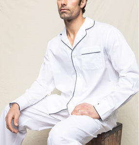 Men’s White Pajama Set with Navy Piping