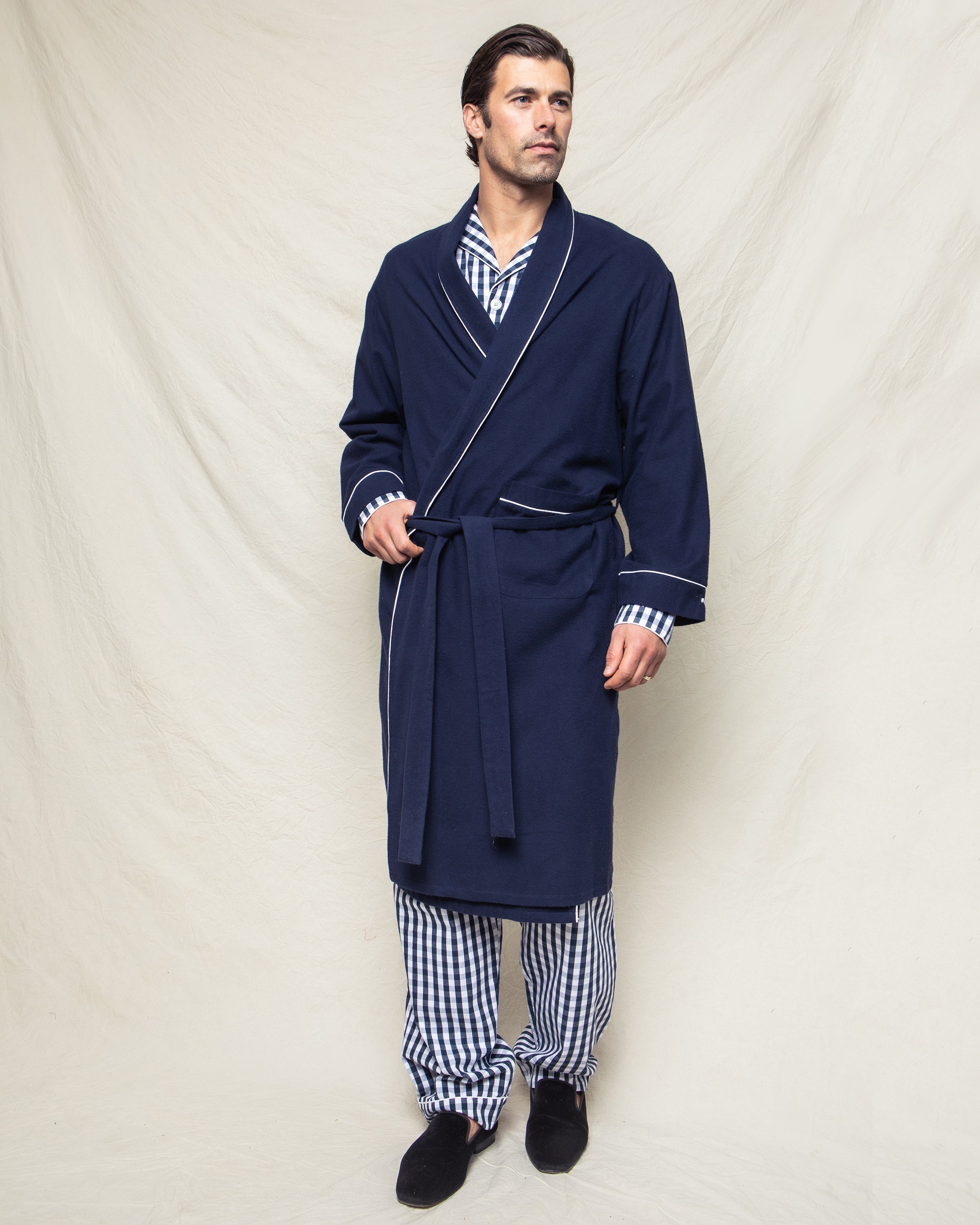 Men’s Navy Flannel Robe with White Piping